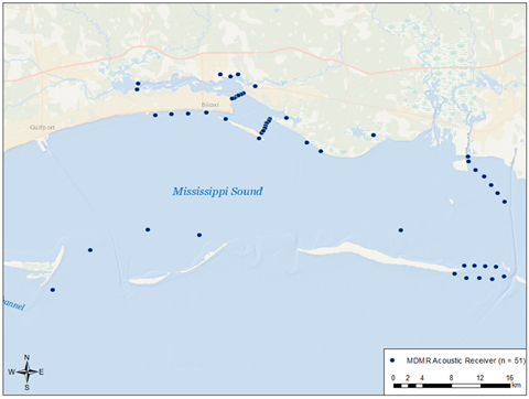 Map showing the MDMR array of acoustic receivers in Mississippi coastal waters.