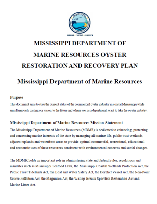 NEW Oyster Restoration and Recovery plan